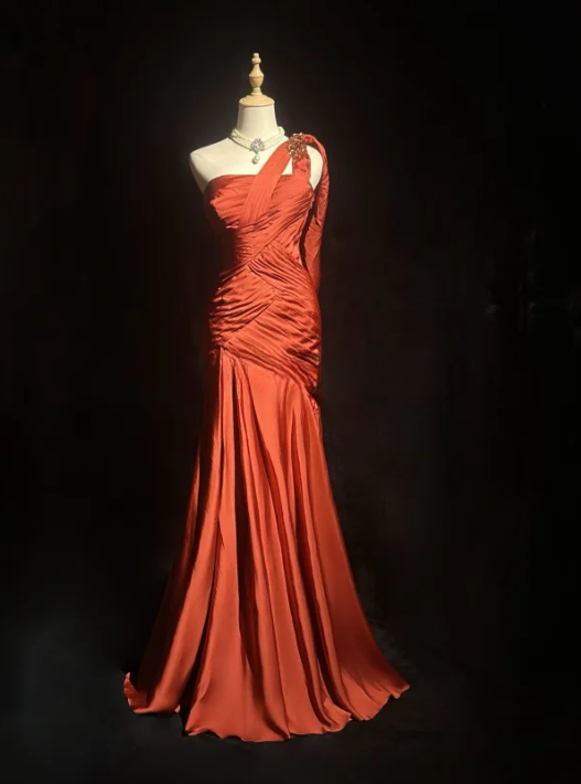 Glamorous Rust Red One-Shoulder Mermaid Evening Gown Satin Ruched Formal Dress with Elegant Train Prom Dress DP7286