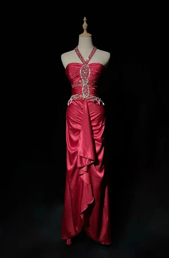 Glamorous Rust Red One-Shoulder Sheath Satin Ruched Formal Dress with Elegant Train Prom Dress DP7287