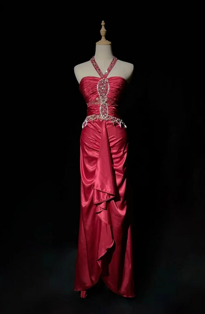Glamorous Rust Red One-Shoulder Sheath Satin Ruched Formal Dress with Elegant Train Prom Dress DP7287