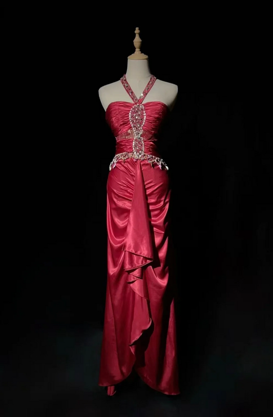 Glamorous Rust Red One-Shoulder Sheath Satin Ruched Formal Dress with Elegant Train Prom Dress DP7287