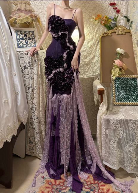 Romantic Purple Spaghetti Strap Mermaid Evening Gown 3D Floral Applique Sheer Lace Train Prom Dress DP7290