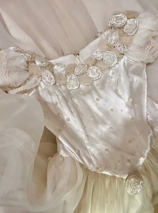 Vintage-Inspired Ivory Off-Shoulder Lace Tulle & Floral Romantic Wedding Dress DP7291