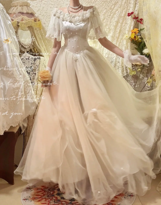 Vintage-Inspired Ivory Off-Shoulder Lace Tulle & Floral Romantic Wedding Dress DP7291