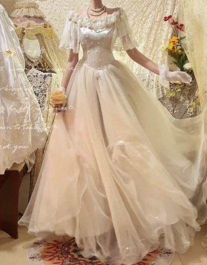 Vintage-Inspired Ivory Off-Shoulder Lace Tulle & Floral Romantic Wedding Dress DP7291