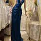 Glamorous Royal Blue Halter-Neck Evening Gown Sheath Beaded Satin Ruched Prom Dress DP7292