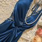 Glamorous Royal Blue Halter-Neck Evening Gown Sheath Beaded Satin Ruched Prom Dress DP7292
