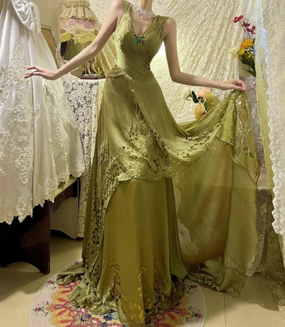 Glamorous Olive Green V-Neck Cutout Floral Evening Gown DP7293