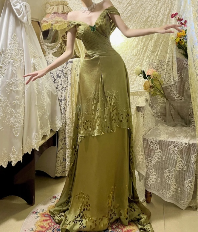 Glamorous Olive Green V-Neck Cutout Floral Evening Gown DP7293