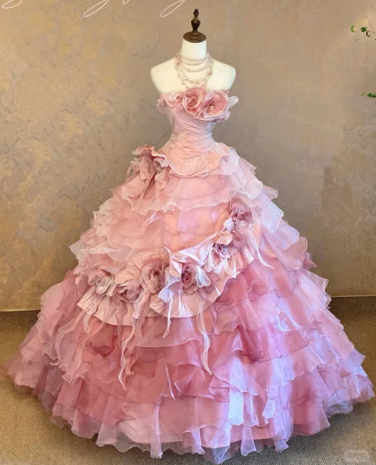 Glamorous Blush Tiered Tulle Strapless 3D Floral Sweet 16 Quinceanera Ball Gown DP7298