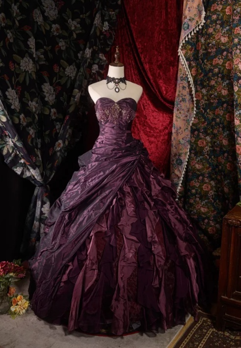 Glamorous Dark Purple Satin Ruffled Sweetheart Beaded Sweet 16 Quinceanera Ball Gown DP7306