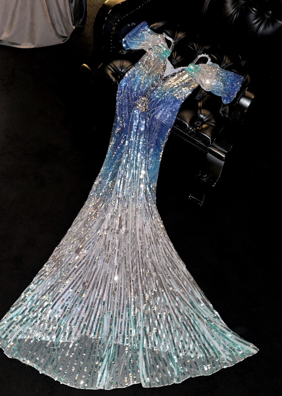 Gorgeous Ocean Blue Ombre Sequin Sparkly Cold Shoulder Evening Gown DP7342