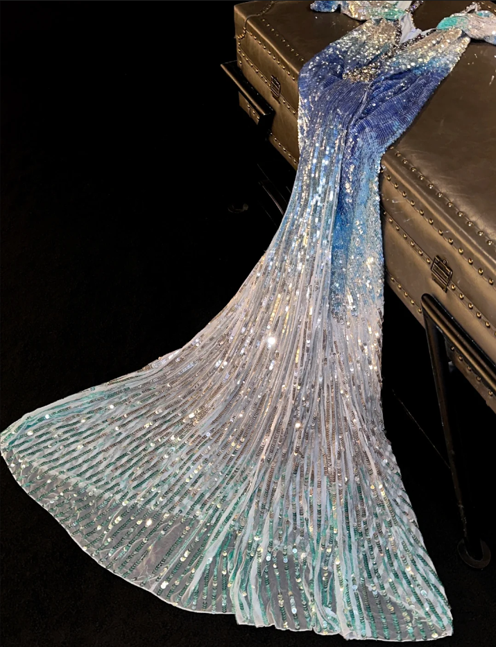 Gorgeous Ocean Blue Ombre Sequin Sparkly Cold Shoulder Evening Gown DP7342