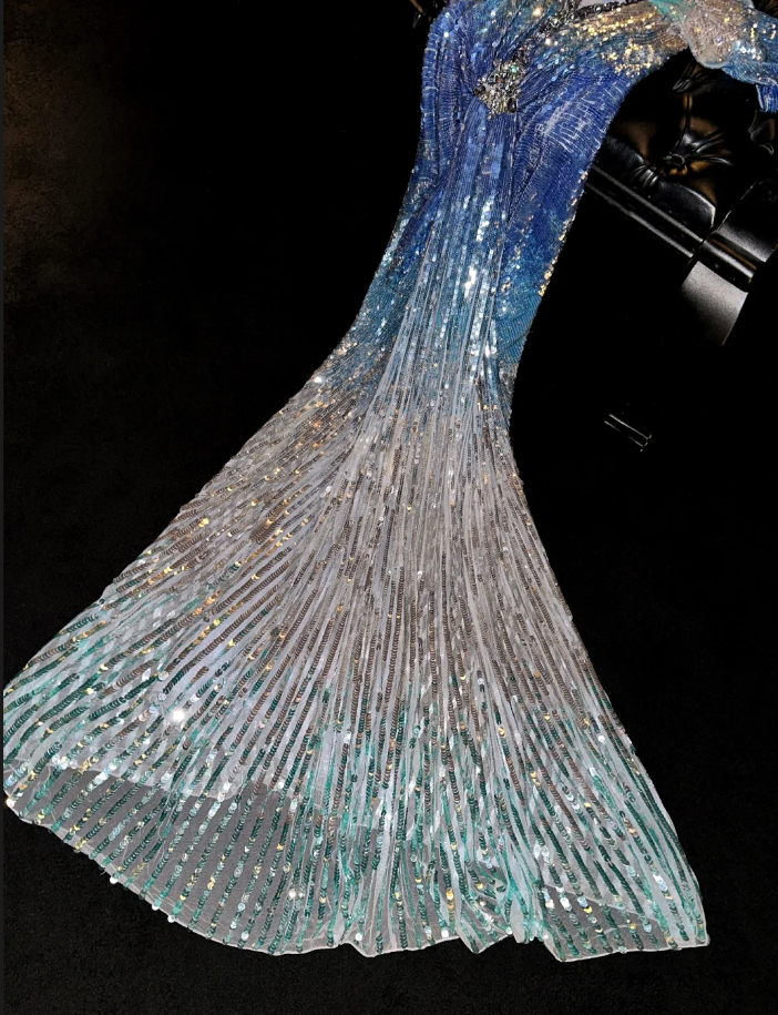 Gorgeous Ocean Blue Ombre Sequin Sparkly Cold Shoulder Evening Gown DP7342