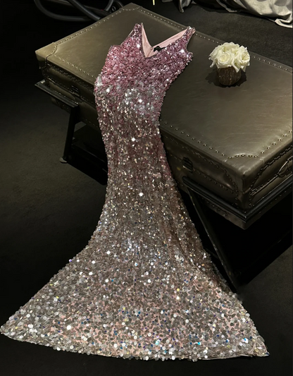 Gorgeous Sparkly Ombre Sequin V-Neck Mermaid Formal Evening Gown DP7343