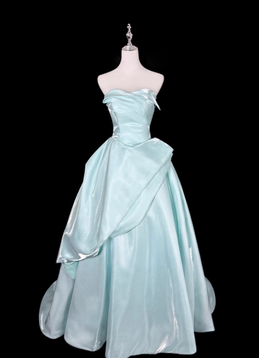 Elegant Mint Green Satin Strapless A-Line Draped Ruffle Evening Gown DP7366