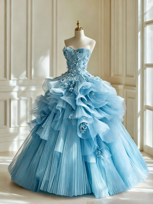Wunderschönes trägerloses, gerüschtes Tüll-Ballkleid mit 3D-Blumenmuster für Sweet 15 und Quinceañera DP7389