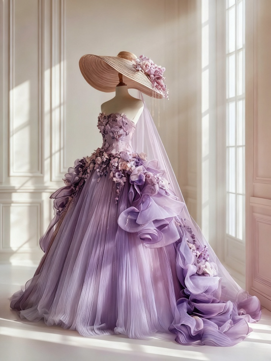 Wunderschönes trägerloses Ballkleid aus Rüschentüll mit 3D-Blumenapplikationen für Sweet 15, Quinceañera, DP7391