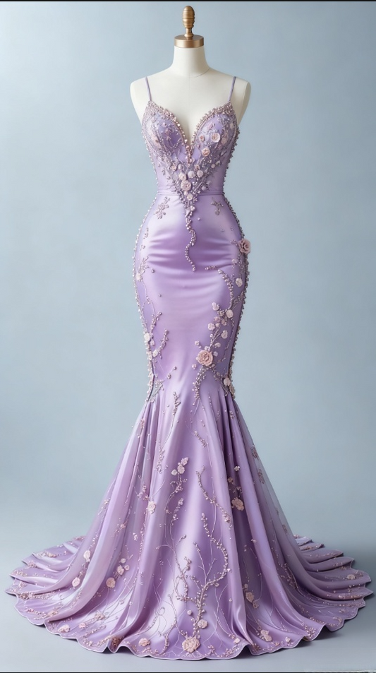 Elegant Mermaid Satin Sweetheart Rhinestone Beaded Spaghetti Strap Evening Gown DP7392
