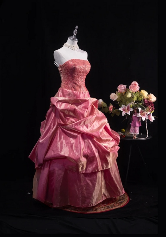 Romantic Hot Pink Strapless Satin Ruffled Sweet 16 Quinceanera Ball Gown  DP7419