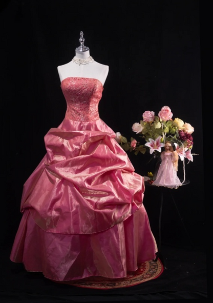 Romantic Hot Pink Strapless Satin Ruffled Sweet 16 Quinceanera Ball Gown  DP7419