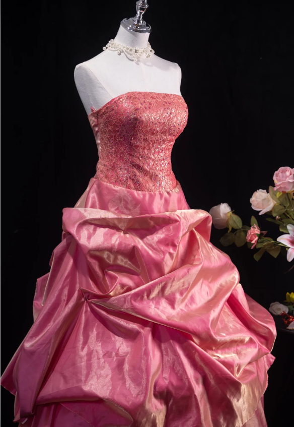 Romantic Hot Pink Strapless Satin Ruffled Sweet 16 Quinceanera Ball Gown  DP7419