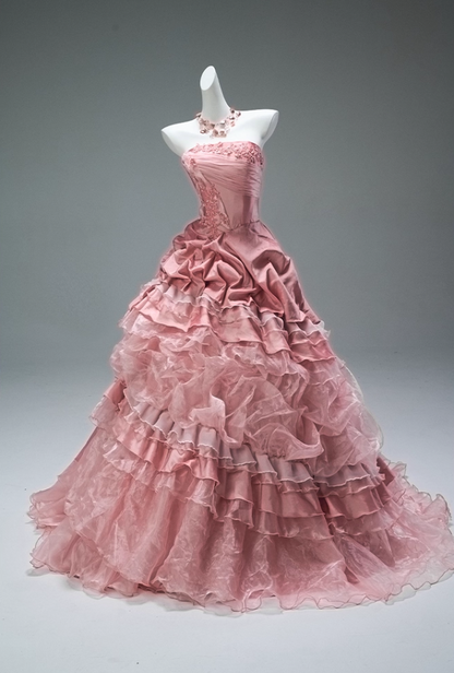 Gorgeous Pink Strapless Ruffled Tulle Lace Applique Satin Sweet 16 Quinceanera Ball Gown  DP7420
