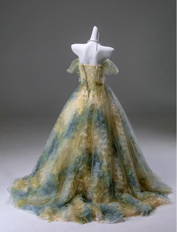 Wunderschönes, schulterfreies Ballkleid aus Tüll mit Blumenmuster für Sweet 16 Quinceañera DP7421