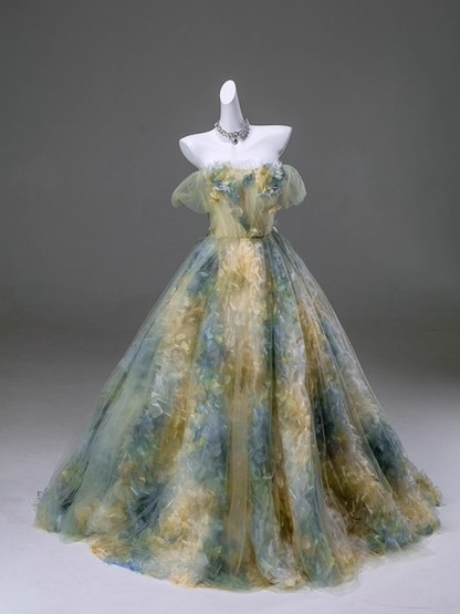 Wunderschönes, schulterfreies Ballkleid aus Tüll mit Blumenmuster für Sweet 16 Quinceañera DP7421