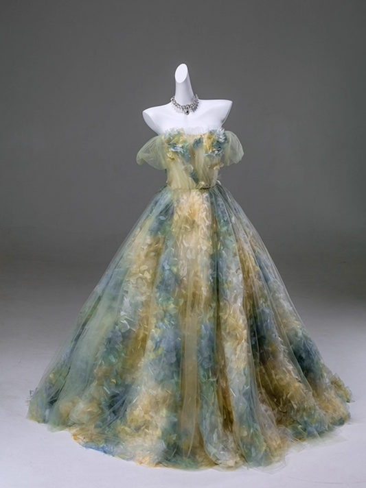 Wunderschönes, schulterfreies Ballkleid aus Tüll mit Blumenmuster für Sweet 16 Quinceañera DP7421