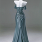 Vintage Satin Off-Shoulder Sheath Ruched Prom Dress Evening Gown DP7423