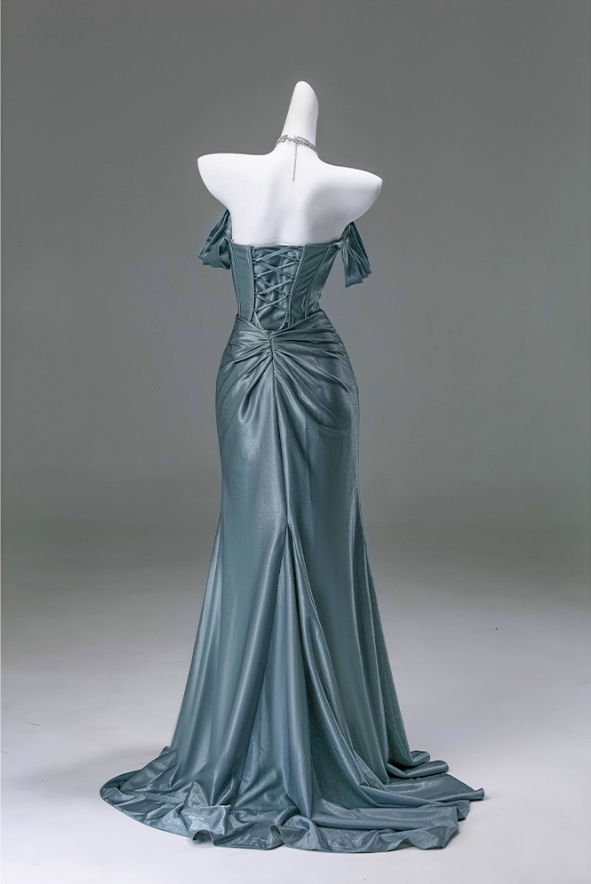 Vintage Satin Off-Shoulder Sheath Ruched Prom Dress Evening Gown DP7423