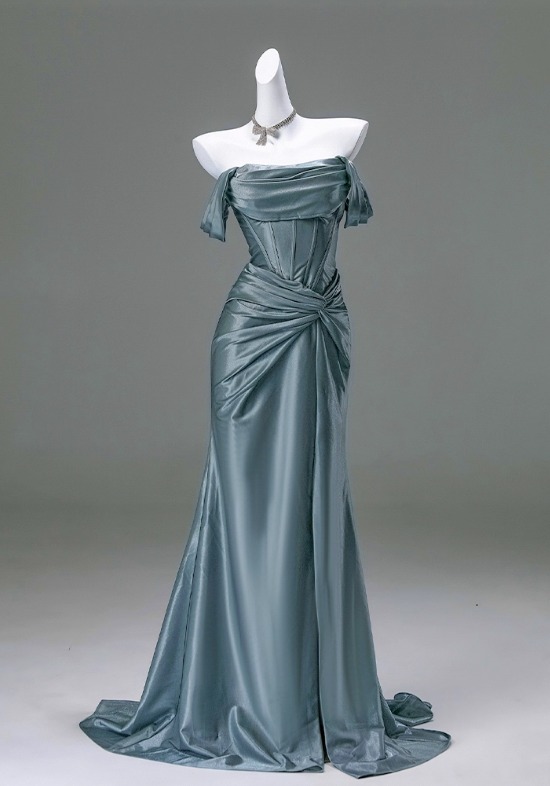 Vintage Satin Off-Shoulder Sheath Ruched Prom Dress Evening Gown DP7423