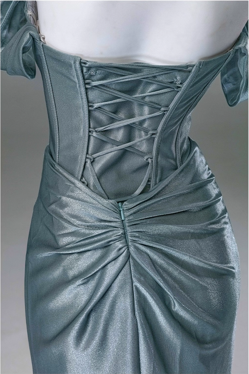 Vintage Satin Off-Shoulder Sheath Ruched Prom Dress Evening Gown DP7423