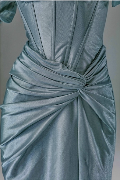 Vintage Satin Off-Shoulder Sheath Ruched Prom Dress Evening Gown DP7423