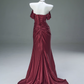 Vintage Satin Off-Shoulder Sheath Ruched Prom Dress Evening Gown DP7423