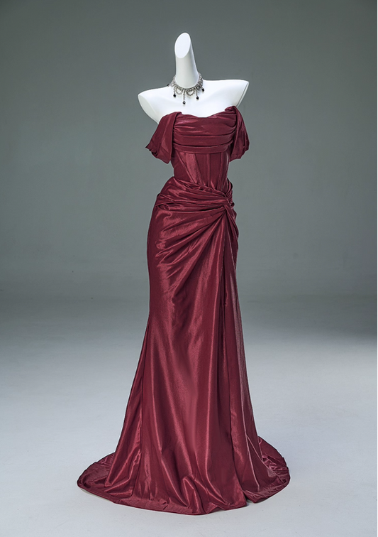 Vintage Satin Off-Shoulder Sheath Ruched Prom Dress Evening Gown DP7423
