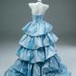 Gorgeous Light Blue Strapless Tiered Ruffled Satin Sparkle Fabric Sweet 16 Quinceanera Ball Gown  DP7424