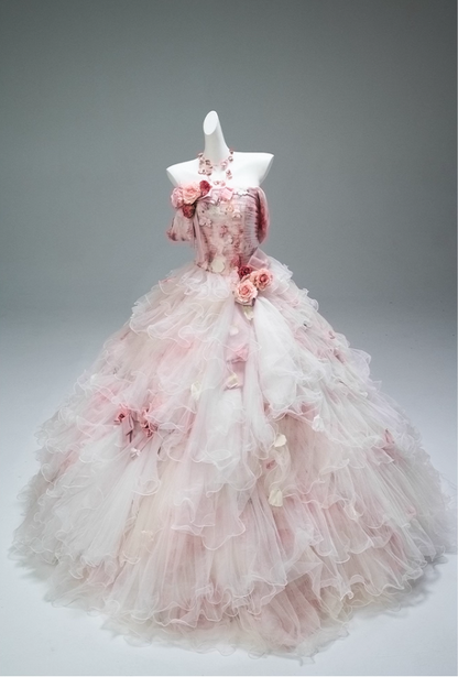Gorgeous Pink Ombre Tulle 3D Rose Floral Strapless Ruffled Sweet 16 Quinceanera Ball Gown  DP7425