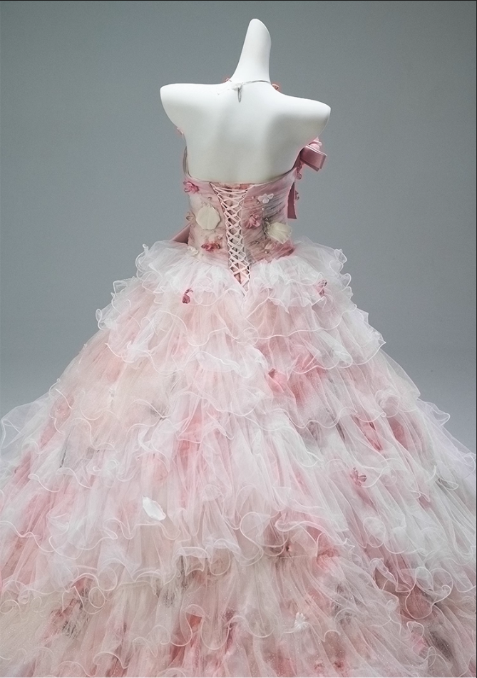 Gorgeous Pink Ombre Tulle 3D Rose Floral Strapless Ruffled Sweet 16 Quinceanera Ball Gown  DP7425