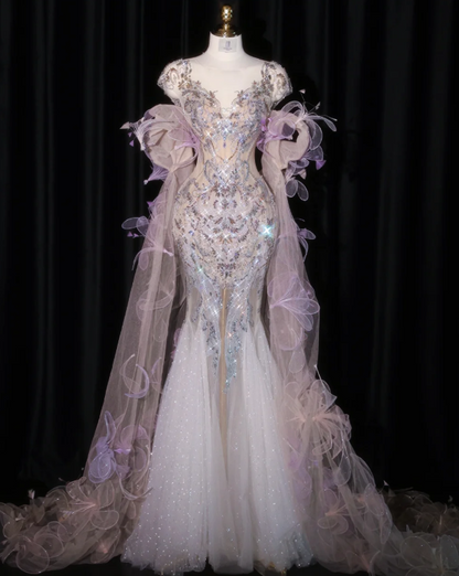 Robe de soirée sirène à sequins et perles, cape en tulle et fleurs 3D DP7427