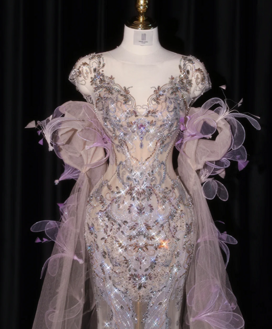 Gorgeous Sequin Mermaid Beaded Tulle Cape 3D Floral Evening Gown DP7427