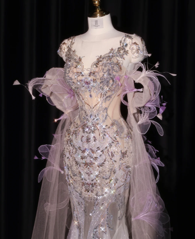 Robe de soirée sirène à sequins et perles, cape en tulle et fleurs 3D DP7427