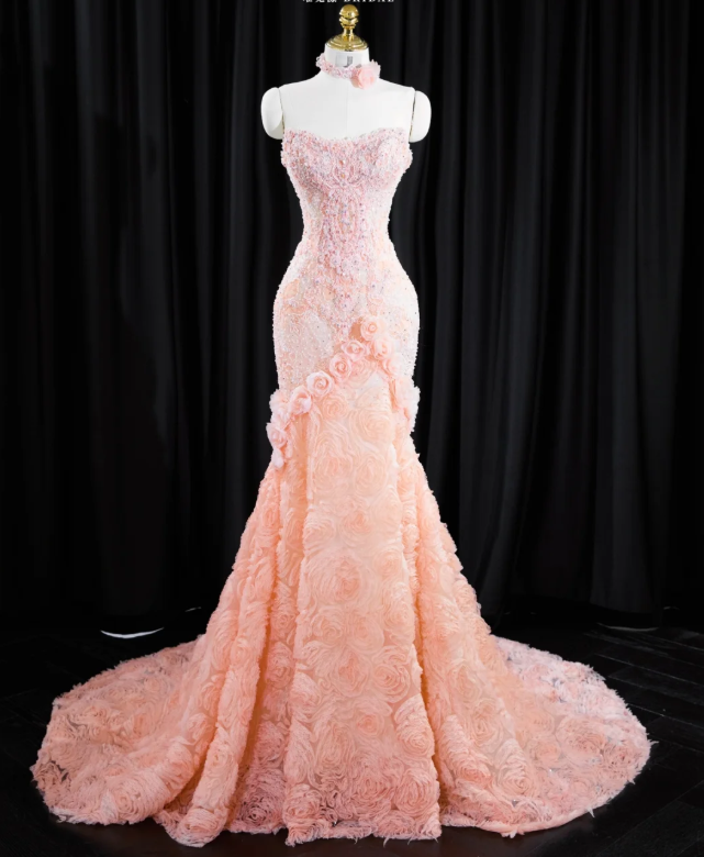 Gorgeous Pink Strapless Mermaid 3D Rose Lace Embroidery Formal Evening Gown DP7428