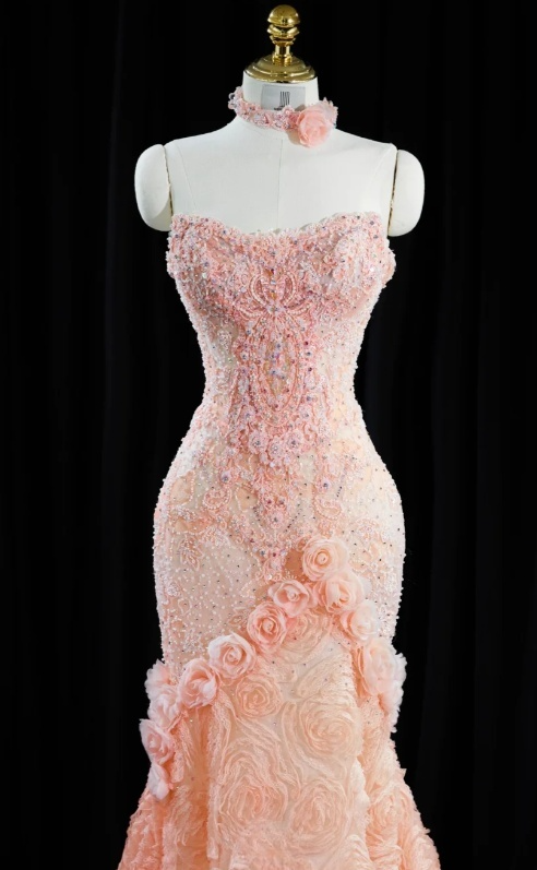 Gorgeous Pink Strapless Mermaid 3D Rose Lace Embroidery Formal Evening Gown DP7428