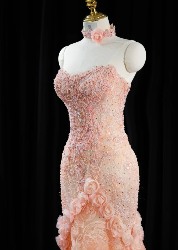 Gorgeous Pink Strapless Mermaid 3D Rose Lace Embroidery Formal Evening Gown DP7428