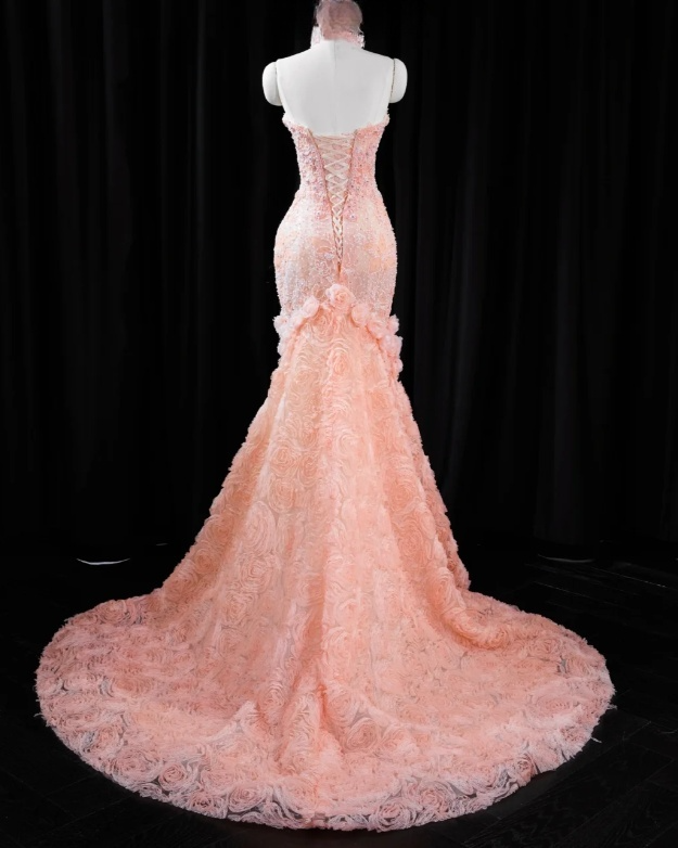 Gorgeous Pink Strapless Mermaid 3D Rose Lace Embroidery Formal Evening Gown DP7428