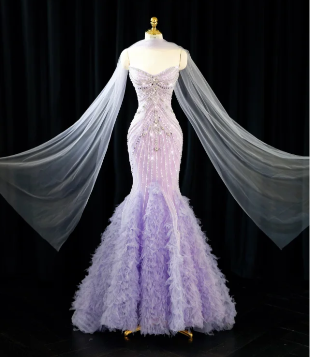 Gorgeous Lavender Strapless Mermaid Beaded Tulle Cape Ruffled Feather Evening Gown DP7429