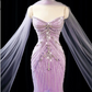 Gorgeous Lavender Strapless Mermaid Beaded Tulle Cape Ruffled Feather Evening Gown DP7429