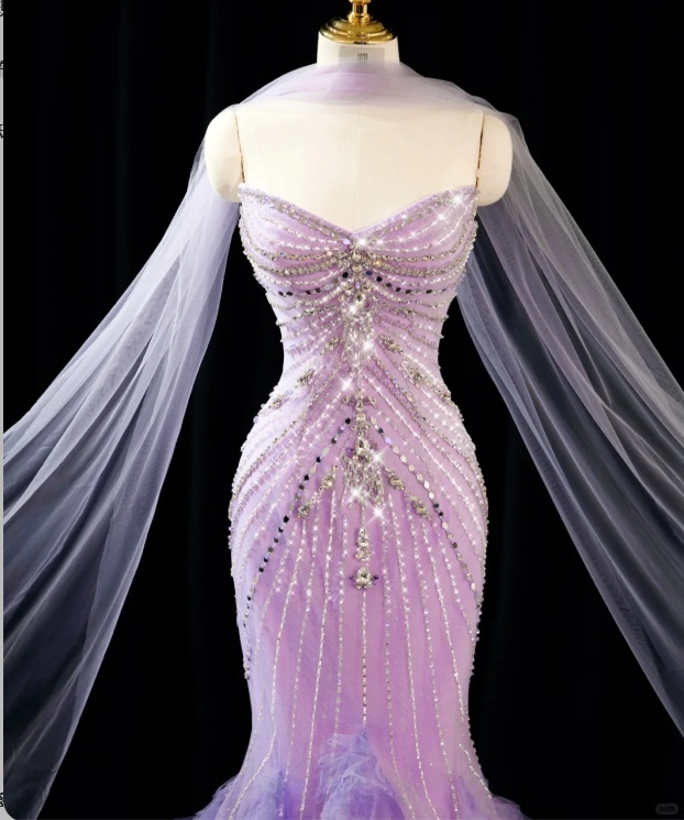 Gorgeous Lavender Strapless Mermaid Beaded Tulle Cape Ruffled Feather Evening Gown DP7429