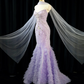 Gorgeous Lavender Strapless Mermaid Beaded Tulle Cape Ruffled Feather Evening Gown DP7429
